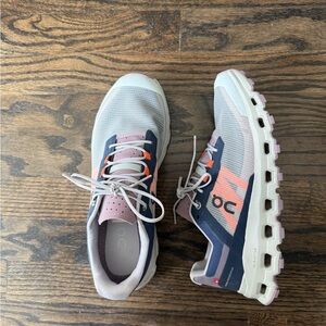 On Running Women's Athletic Shoes - Gray, Pink, and Navy “cloudvista”